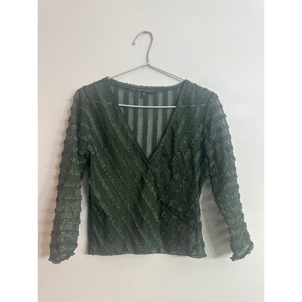 Fairycore Sheer Olive Green Top - Bernardo Textured Mesh Striped Long Sleeve S